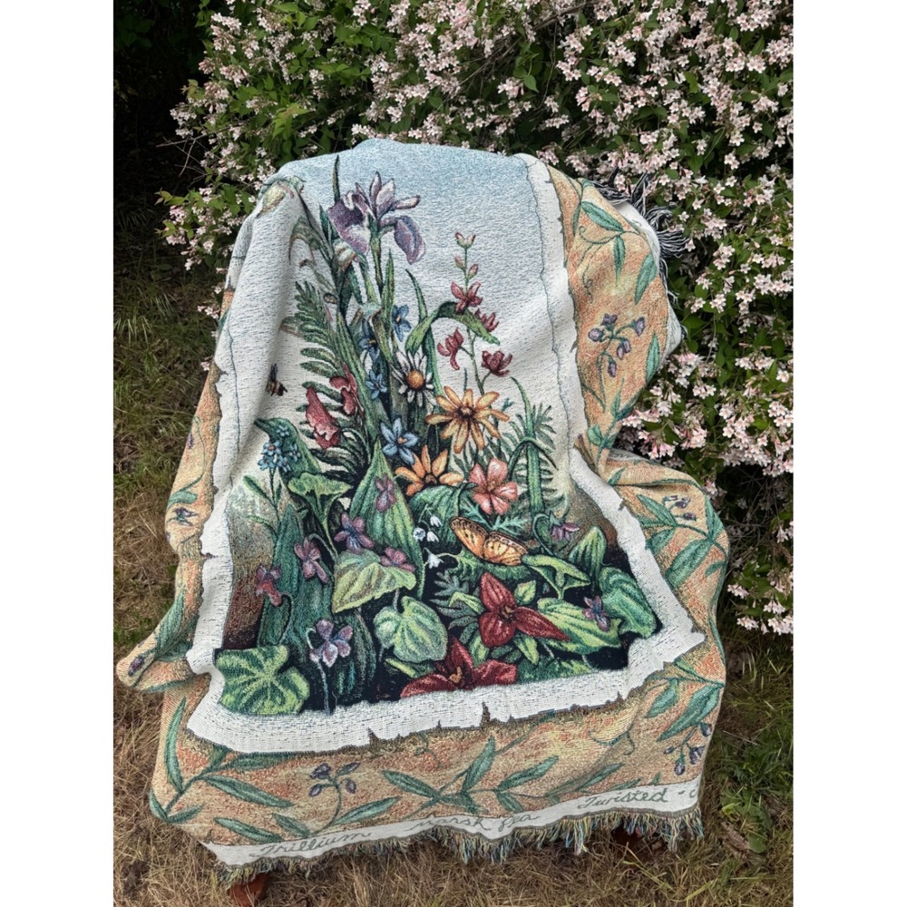 Vintage Woven Tapestry Throw Blanket Wildflower Botanical Butterfly 49"x67"